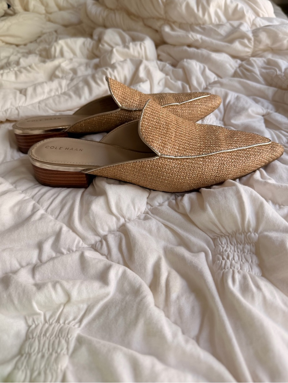 Cole Haan Tan Raffia Pointed-Toe Mule Slides